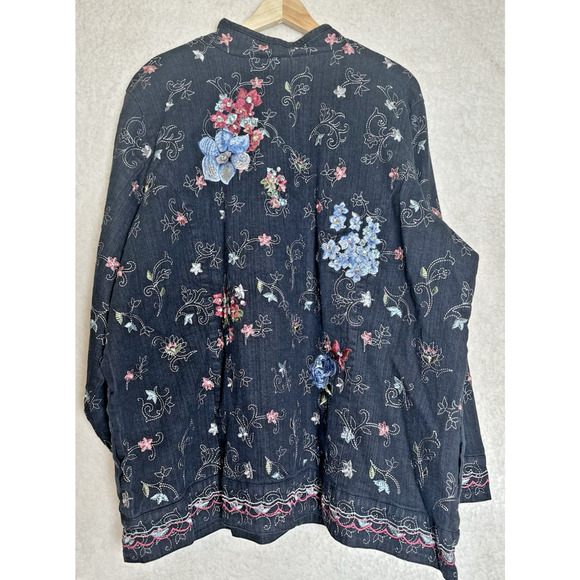 VTG + DENIM & CO Jacket Women Sz 2X Embroidered Embellished Dark Cottagecore - Picture 3 of 8